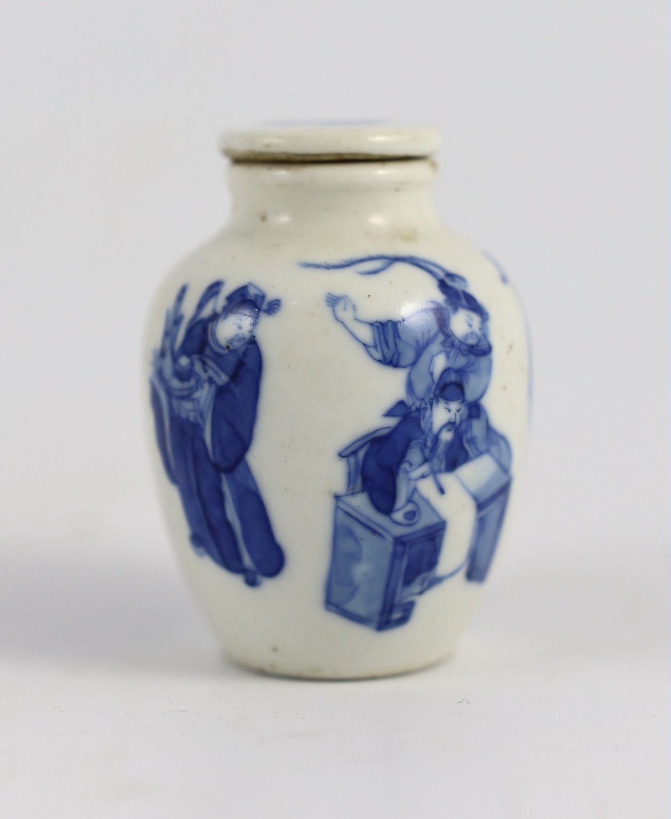 A Chinese blue and white 'scholars' snuff bottle and original stopper, 19th century, 5.8 cm high